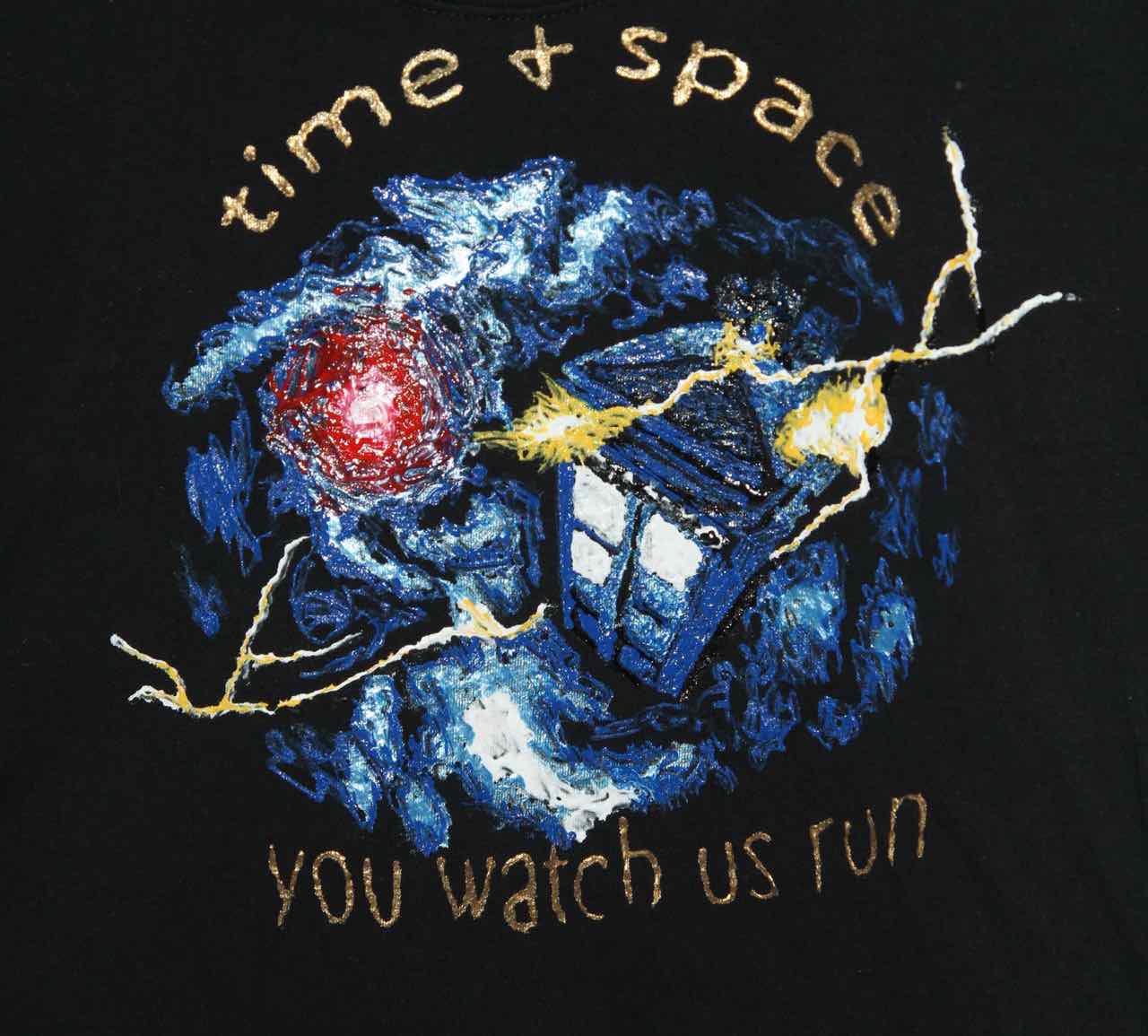 T-shirt fabric painting of the Tardis in the time vortex